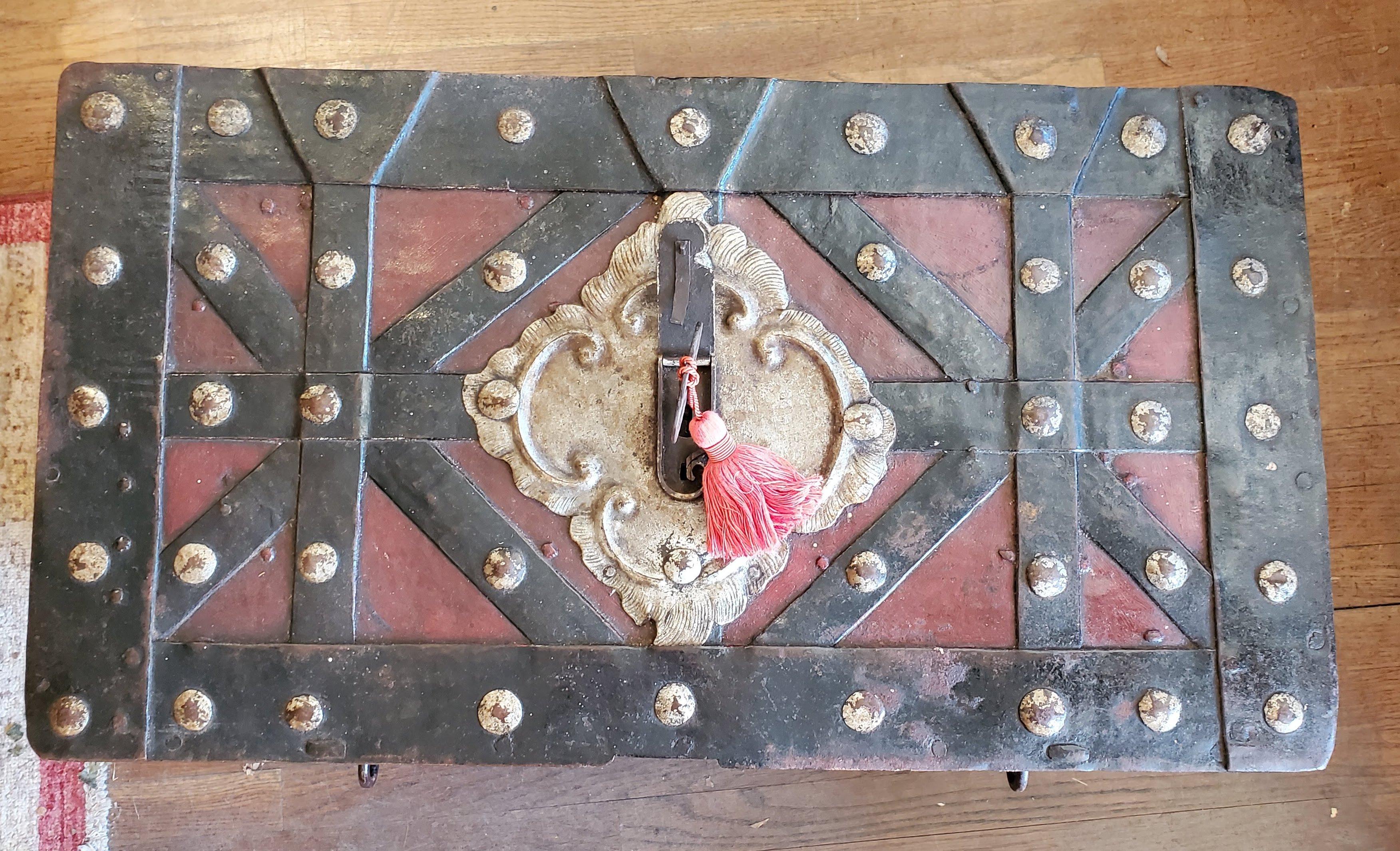 17th Century Red and Black Spanish “Armada” Style Iron Strong Box 1