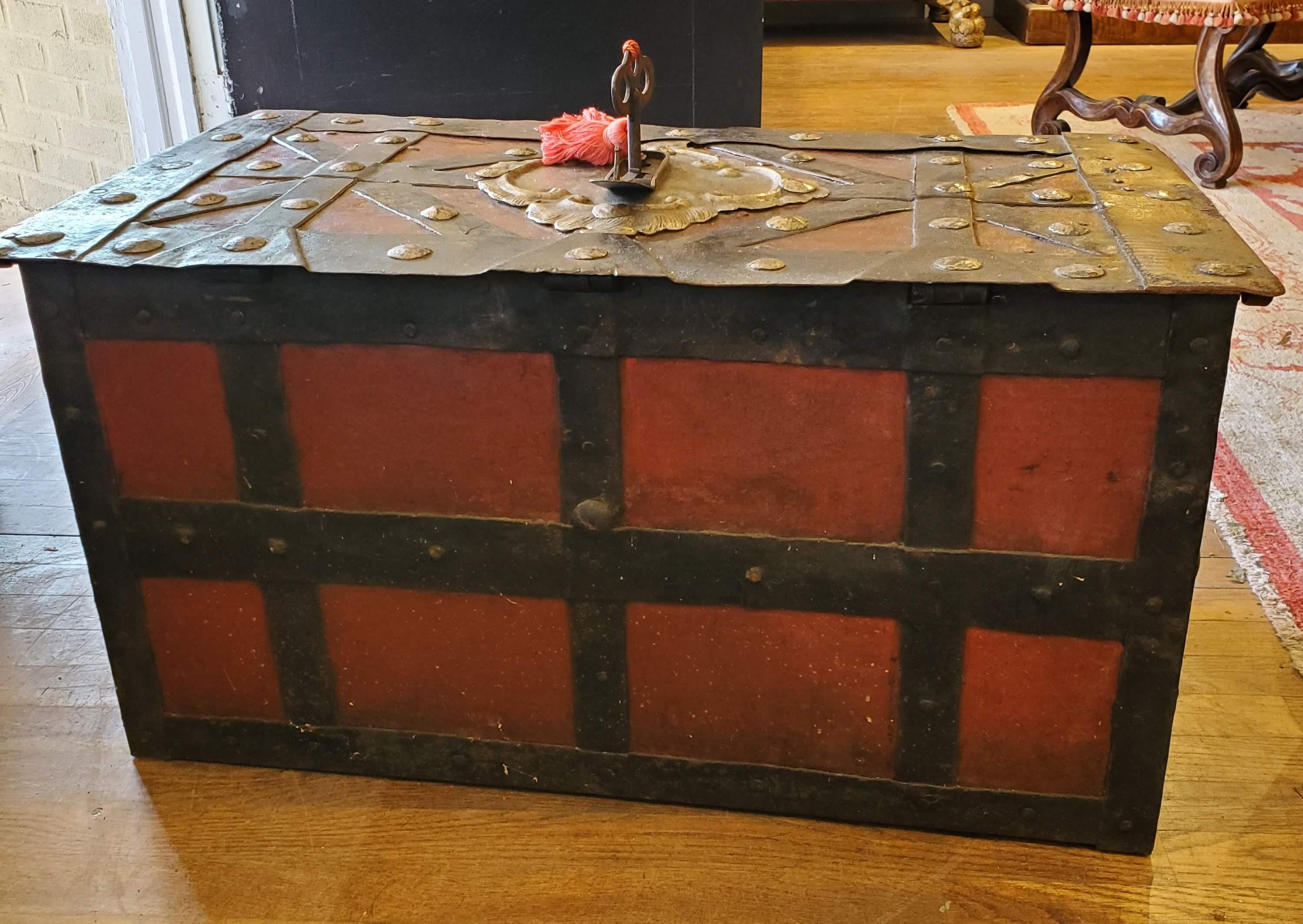 17th Century Red and Black Spanish “Armada” Style Iron Strong Box 4