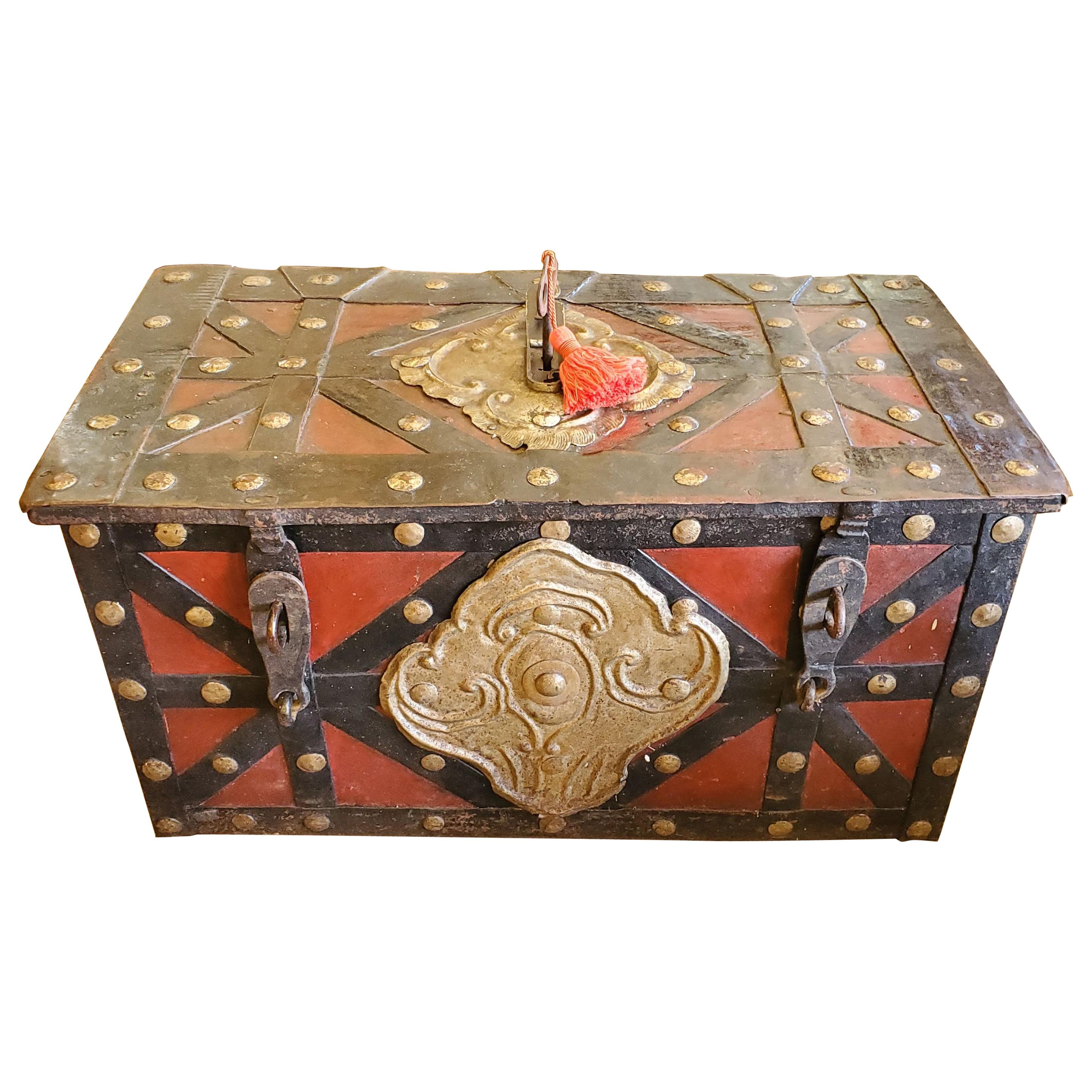 17th Century Red and Black Spanish “Armada” Style Iron Strong Box