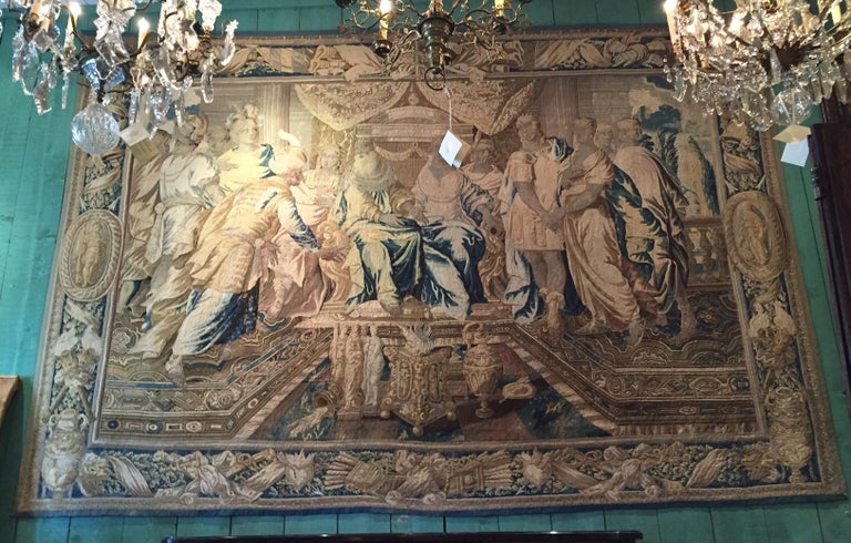 Rare and Historical 17th century Flemish Baroque tapestry
Period followed Renaissance and preceded Rococo and Neoclassical styles. The movement exuberant detail deep color grandeur to achieve a sense of awe. Court scene king queen receiving a Sultan