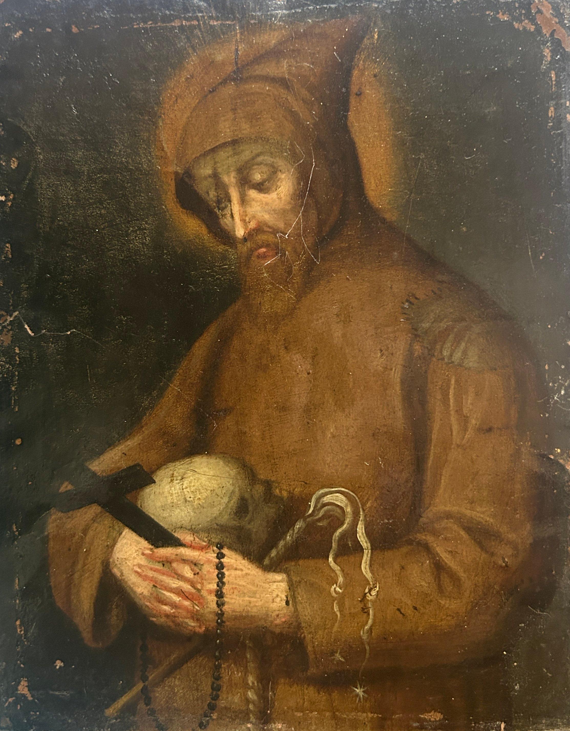 Antikes religiöses Ölgemälde des Heiligen Franziskus aus dem 17. Jahrhundert, der einen Momento Mori-Schädel hält. 

17. Jahrhundert Öl auf Kupfer Gemälde von Saint Francis hält Schädel, Kruzifix und Peitsche.

Wahrscheinlich Spanisch. C. Ende 17.