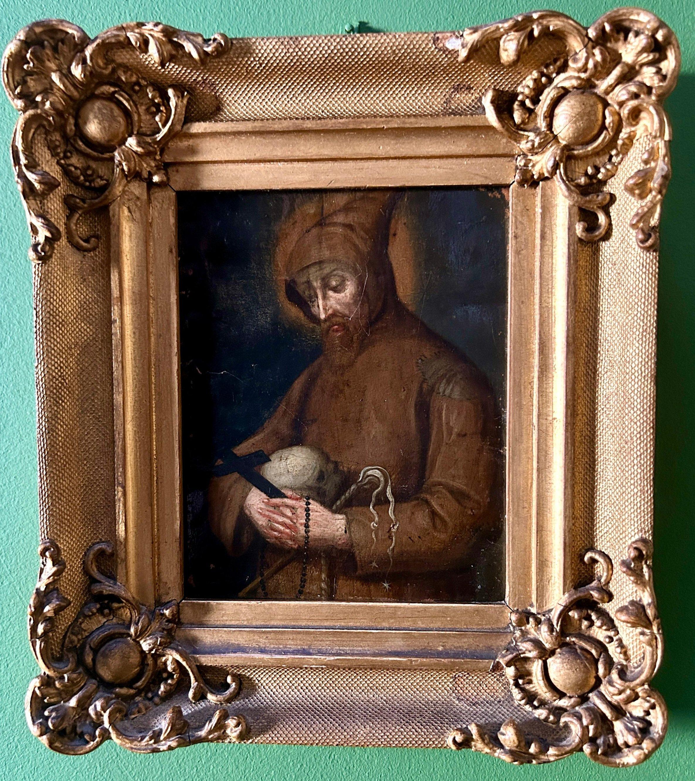 Religiöses Ölgemälde des Heiligen Franziskus mit Schädel, Kruzifix und Peitsche aus dem 17. (Barock) im Angebot