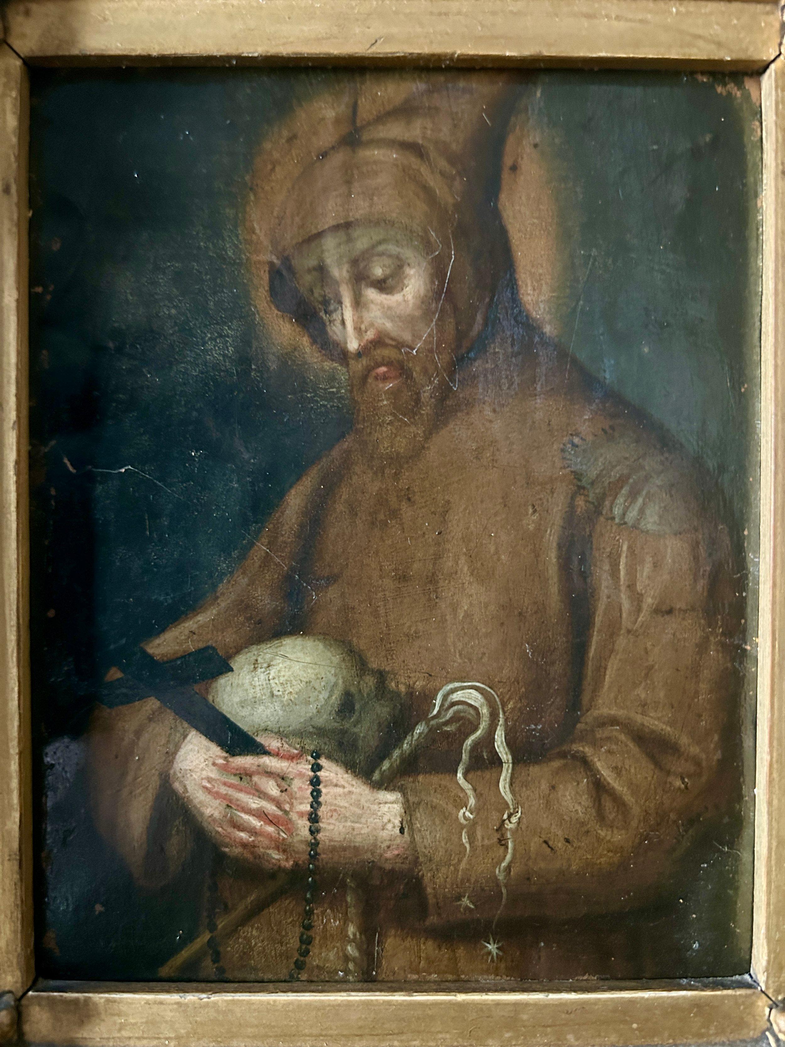 Religiöses Ölgemälde des Heiligen Franziskus mit Schädel, Kruzifix und Peitsche aus dem 17. (Spanisch) im Angebot
