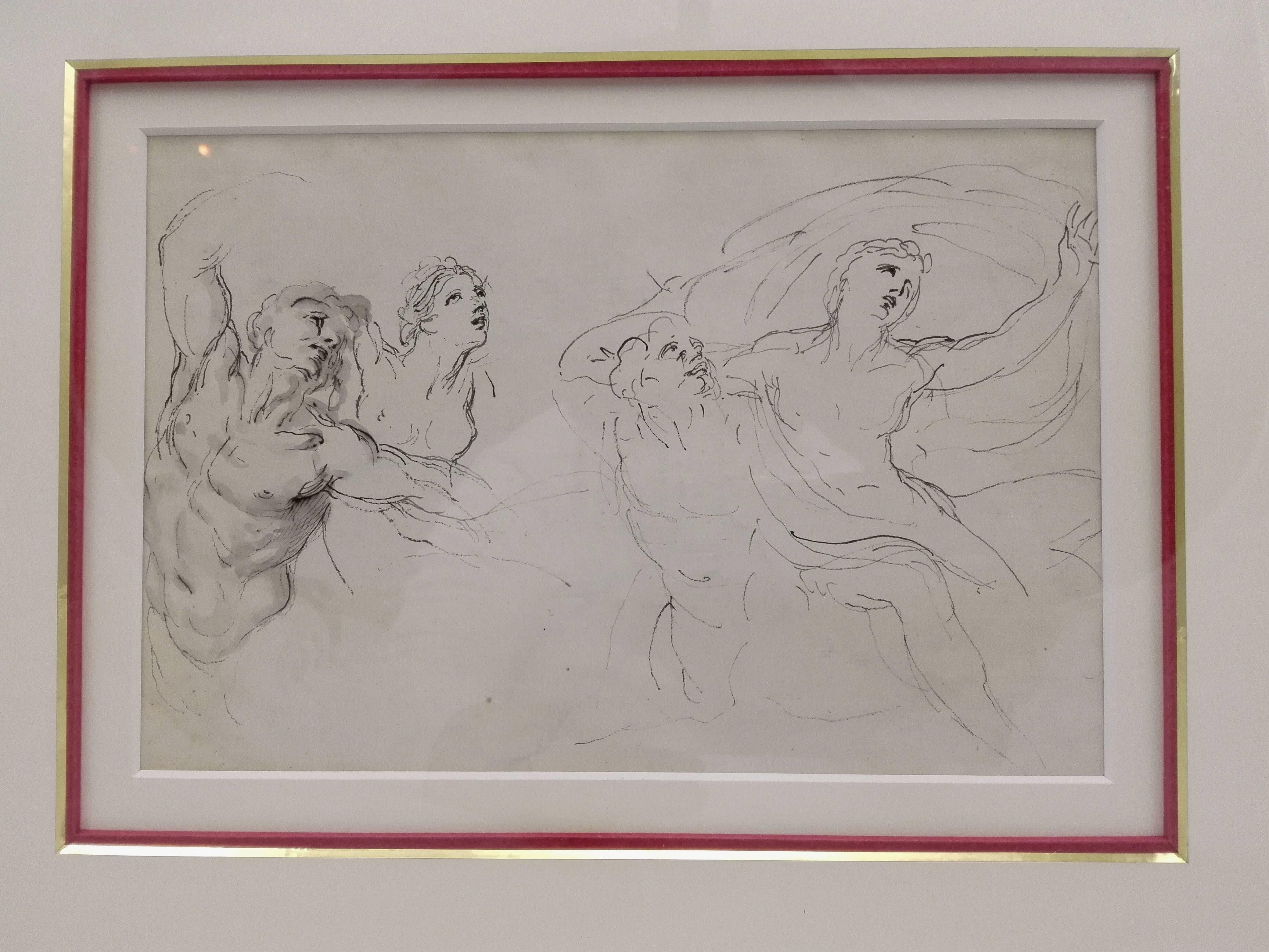 This picture, depicting
Four figures. Pen drawing, the man to the left pen and wash,
is an original work by; Giovanni Francesco Barbieri,
called 'Il Guercino'. Italien 1591-1666!
This is the description of the auction house, which auctioned it