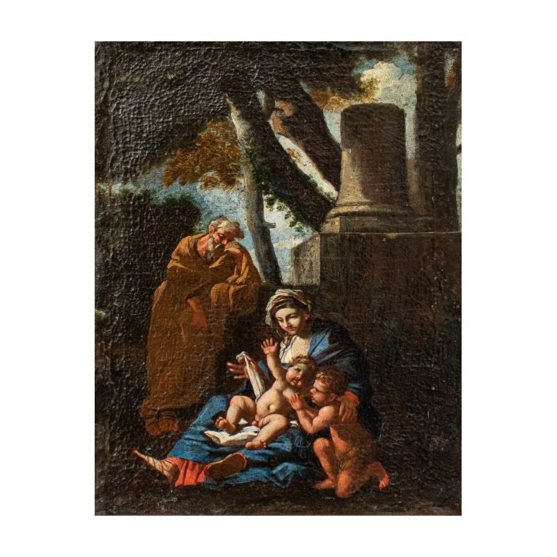 XVII secolo, scuola emiliana 

Riposati durante il volo per l'Egitto

Olio su tela, 42 x 33 cm

Telaio 65 x 55 cm 

L'attuale Sacra Famiglia, con una composizione organizzata ed esemplare nella forma di riposo dalla fuga in Egitto, è