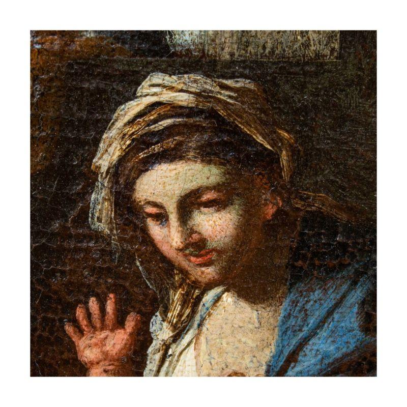 Fino al XVIII secolo Riposo del XVII secolo su La fuga in Egitto Pittura di scuola emiliana Olio su tela in vendita