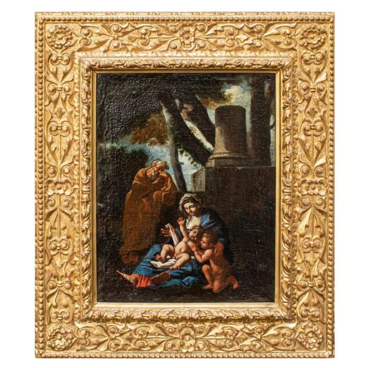 17th Century Rest on The Flight to Egypt Emilian school Painting Oil on Canvas For Sale