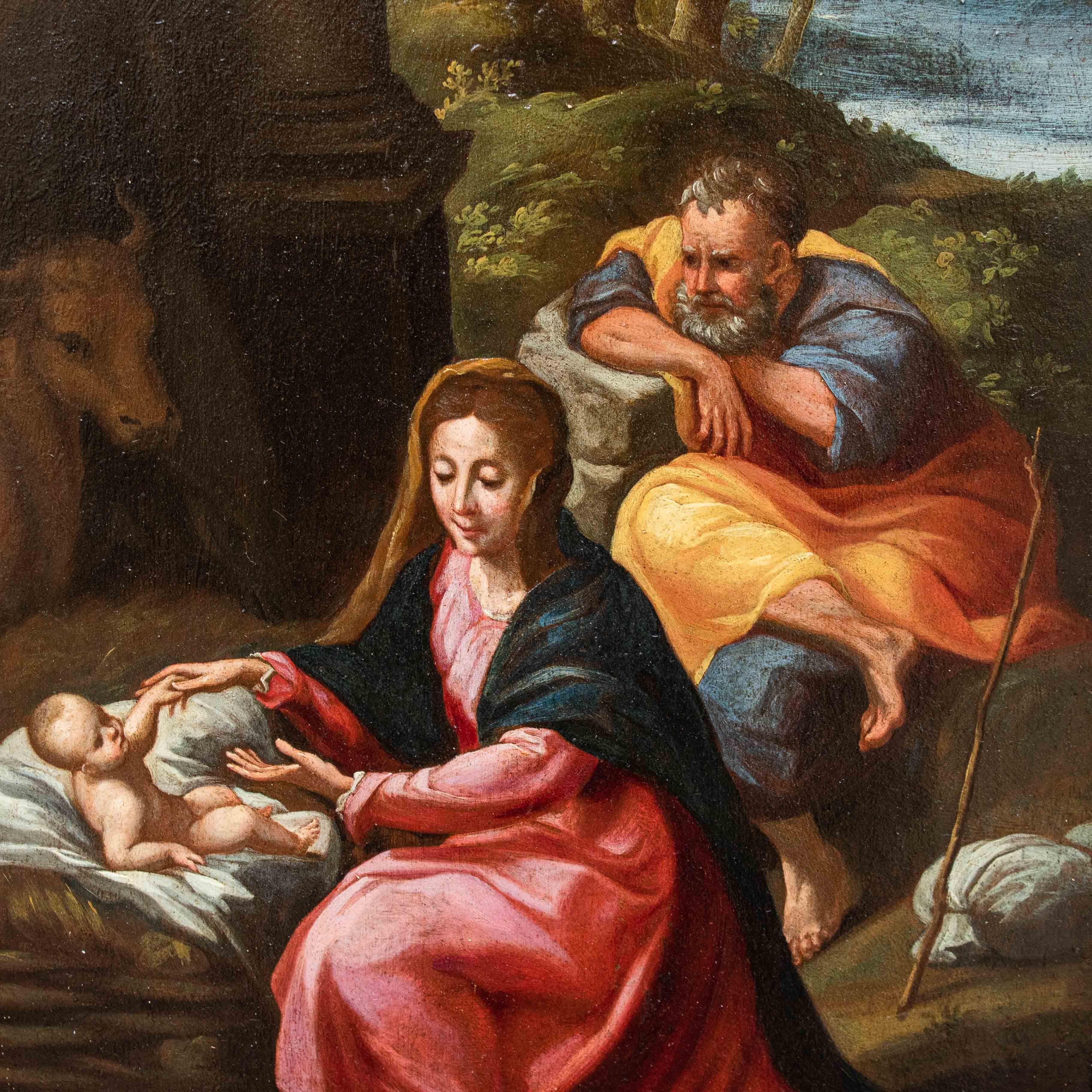 17th Century Rest on the flight to Egypt Emilian School Painting Oil on panel For Sale 6