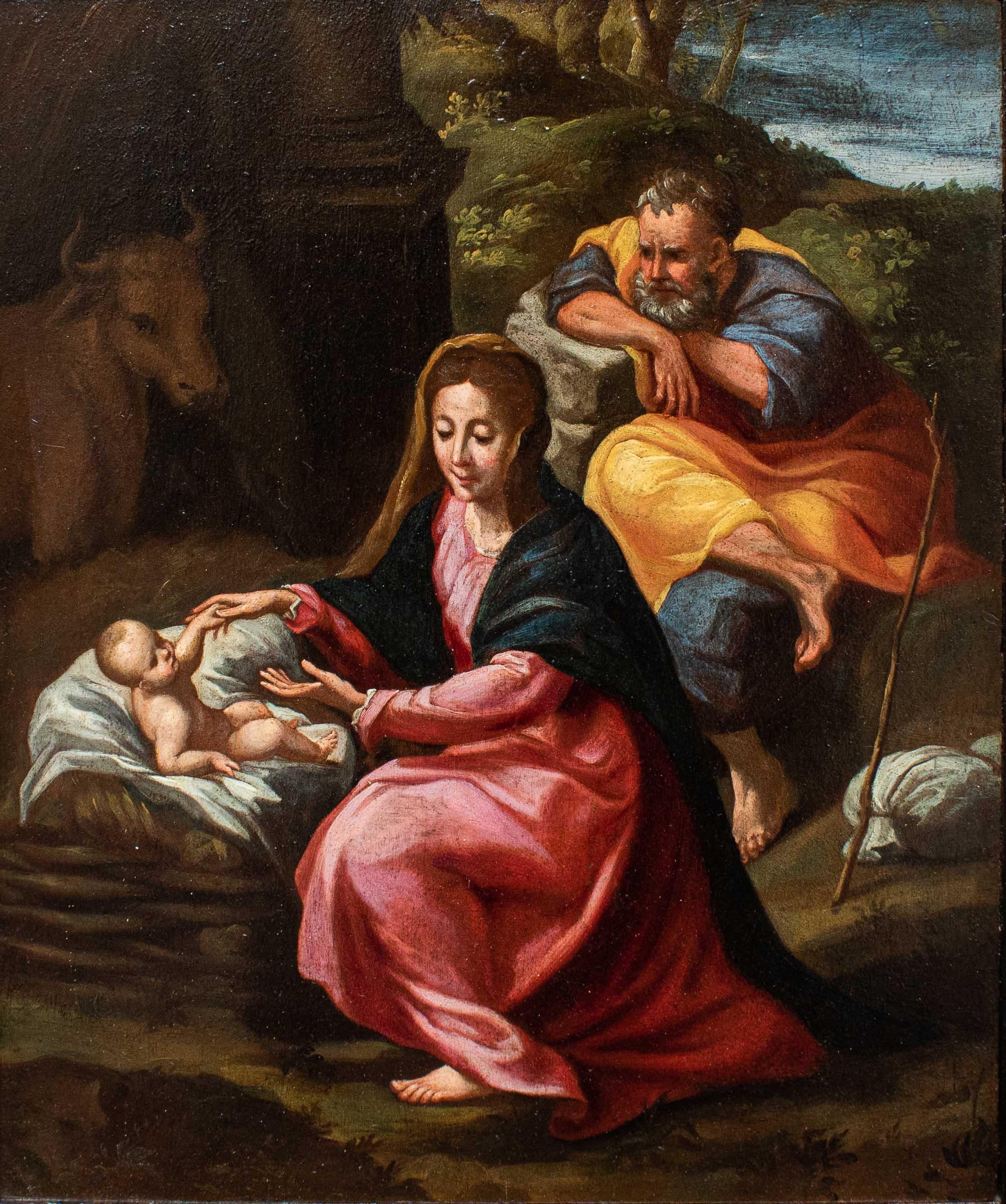 17th century, Emilian school, Pamigianino painter
Rest on the flight to Egypt
Oil on panel, 46 x 39 cm - with frame 55.5 x 48.5 cm

The work in question depicts the episode of the flight into Egypt of the Holy Family, one of the most loved and