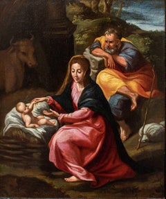 17th Century Rest on the flight to Egypt Emilian School Painting Oil on panel
