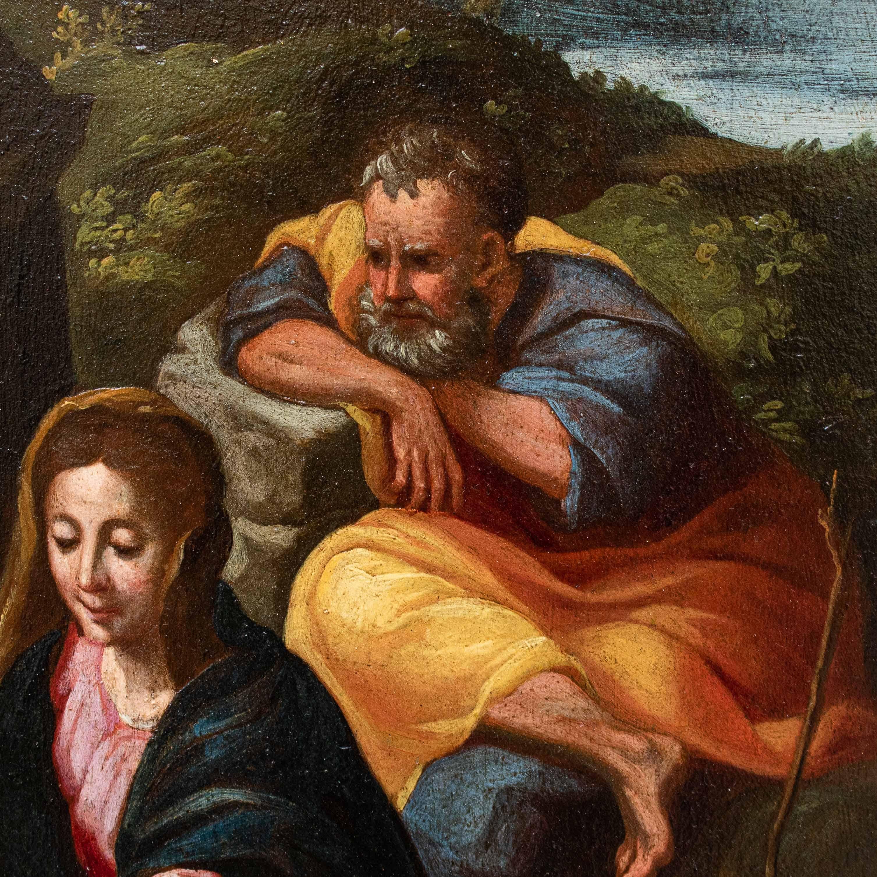Italian 17th Century Rest on the flight to Egypt Emilian School Painting Oil on panel For Sale