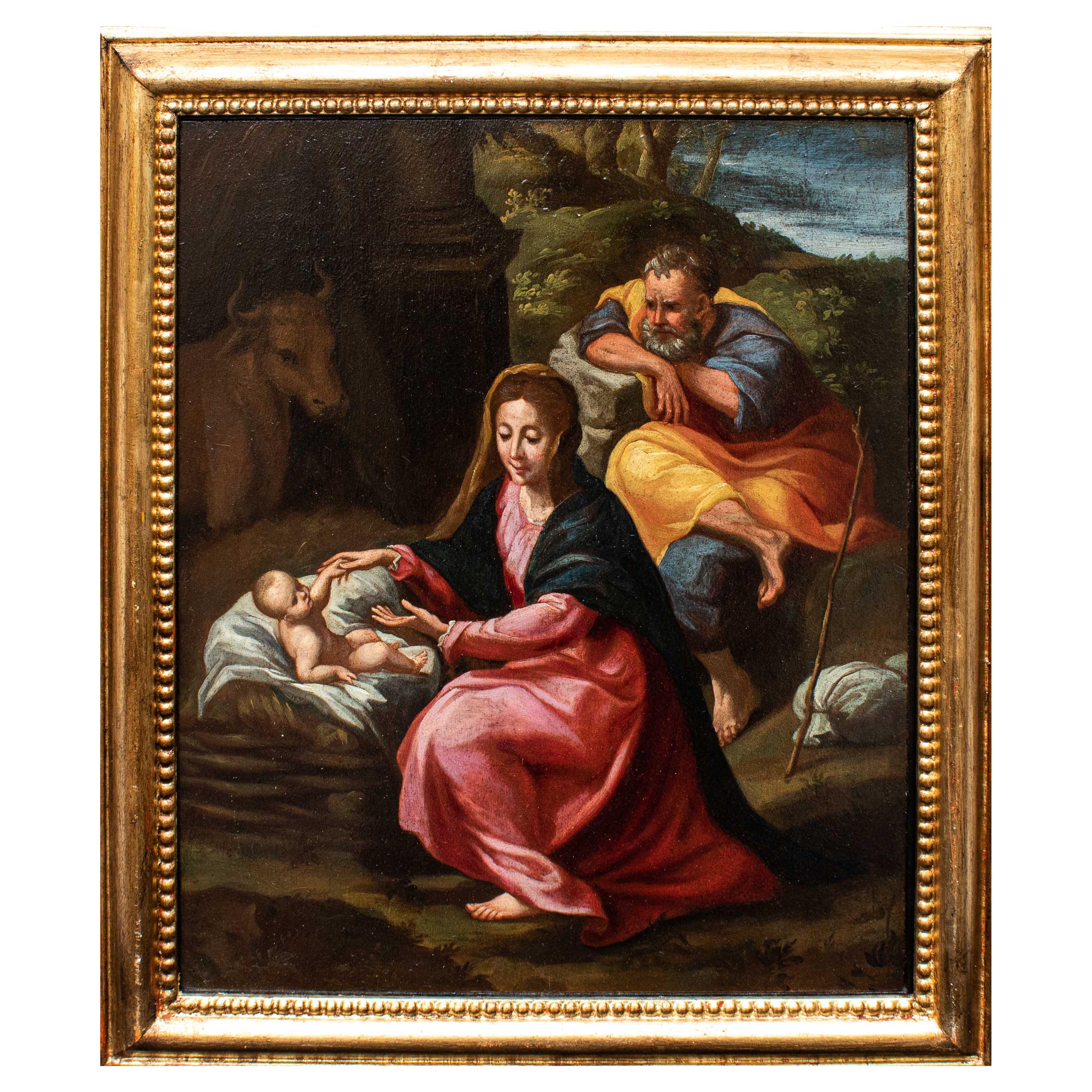 17th Century Rest on the flight to Egypt Emilian School Painting Oil on panel For Sale
