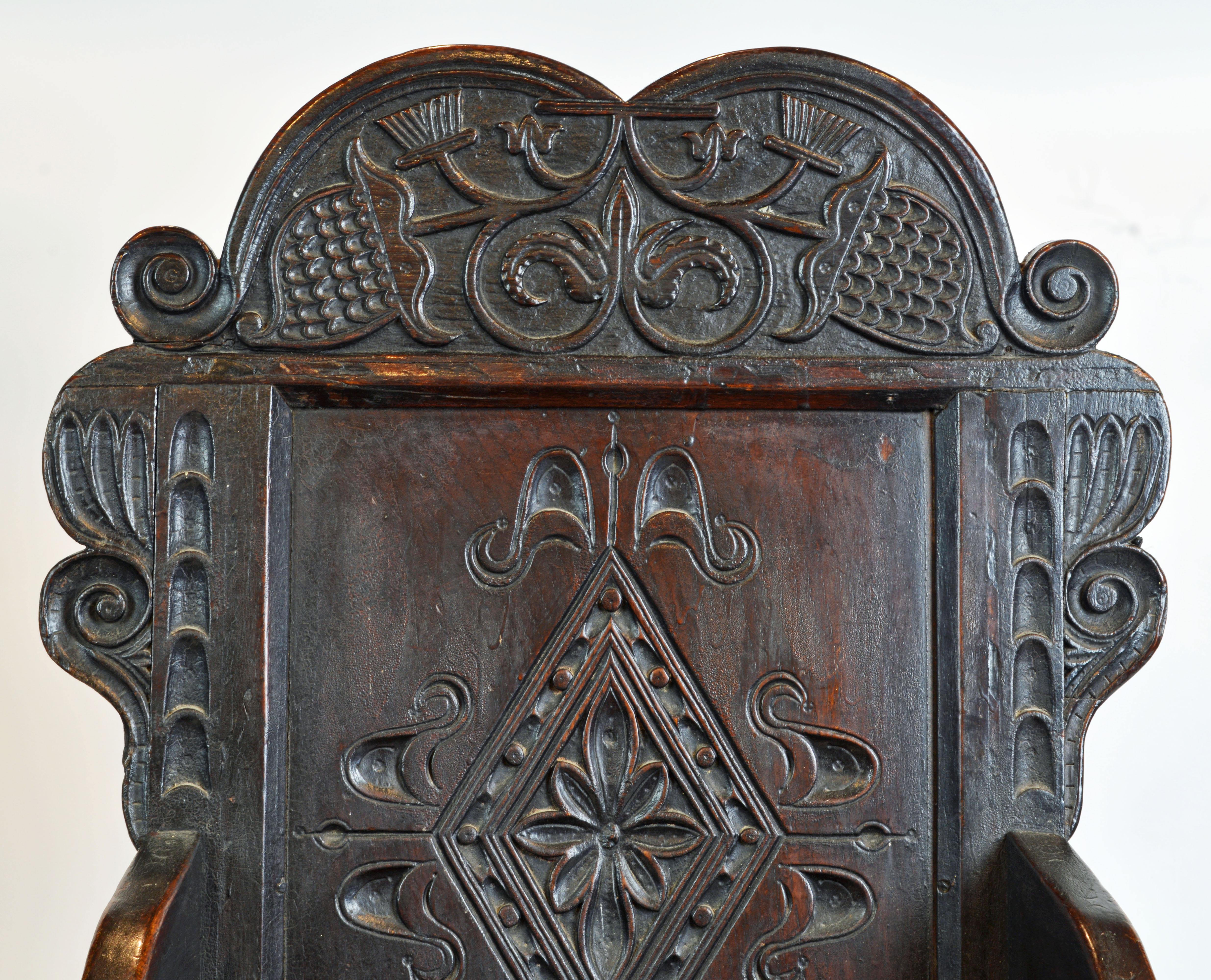 17th Century Richly Carved Elizabethan Joined Oak Wainscot Style Chair 1