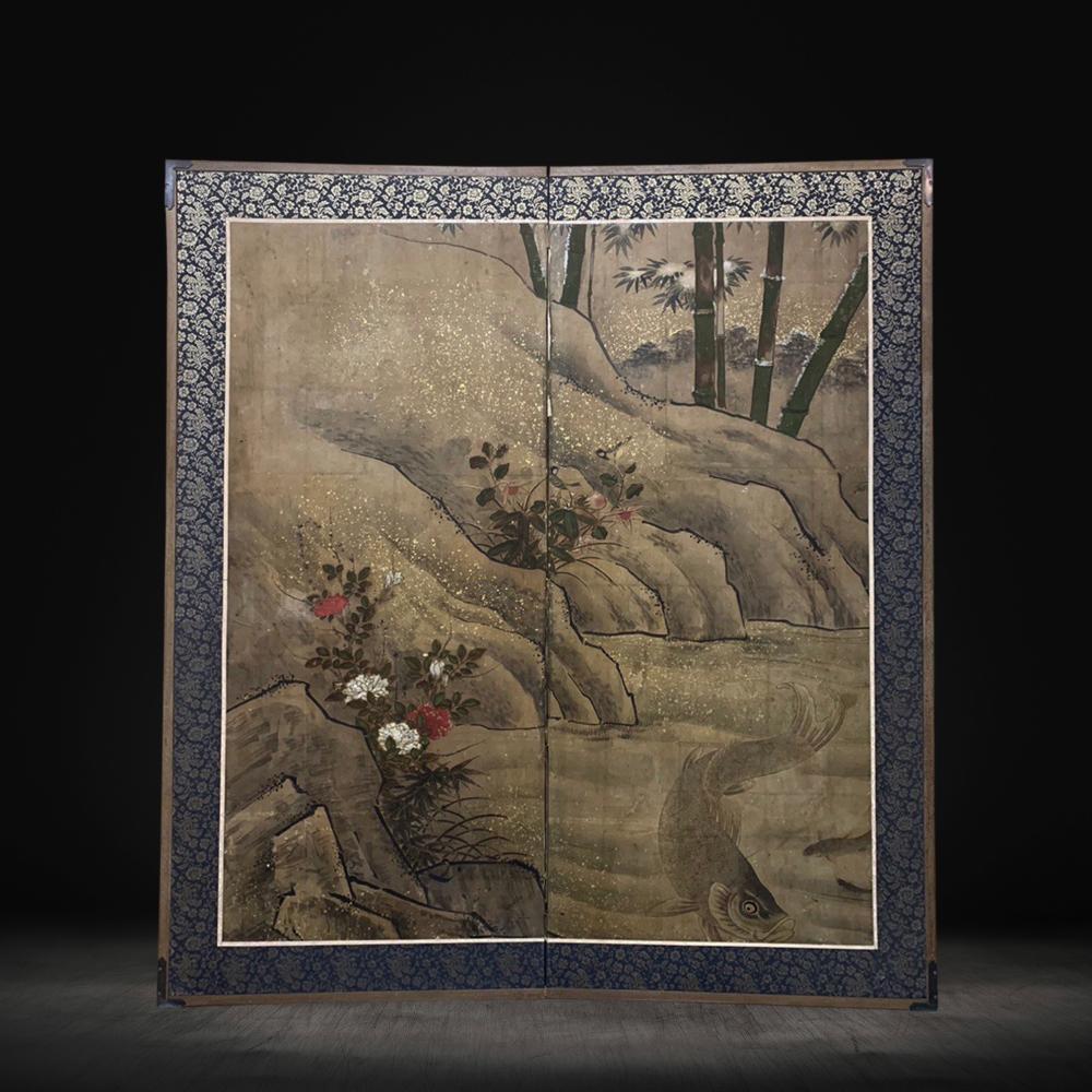 18th Century and Earlier 17th Century Rinpa School Two-Panel Screen with Koi For Sale