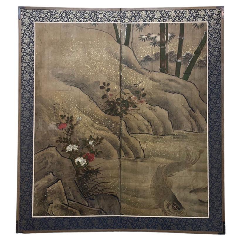 17th Century Rinpa School Two-Panel Screen with Koi For Sale