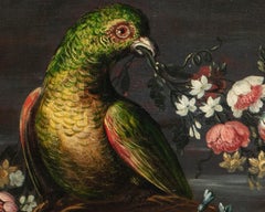 17th-century Roman Maestro Still life with a parrot, fruit and flowers