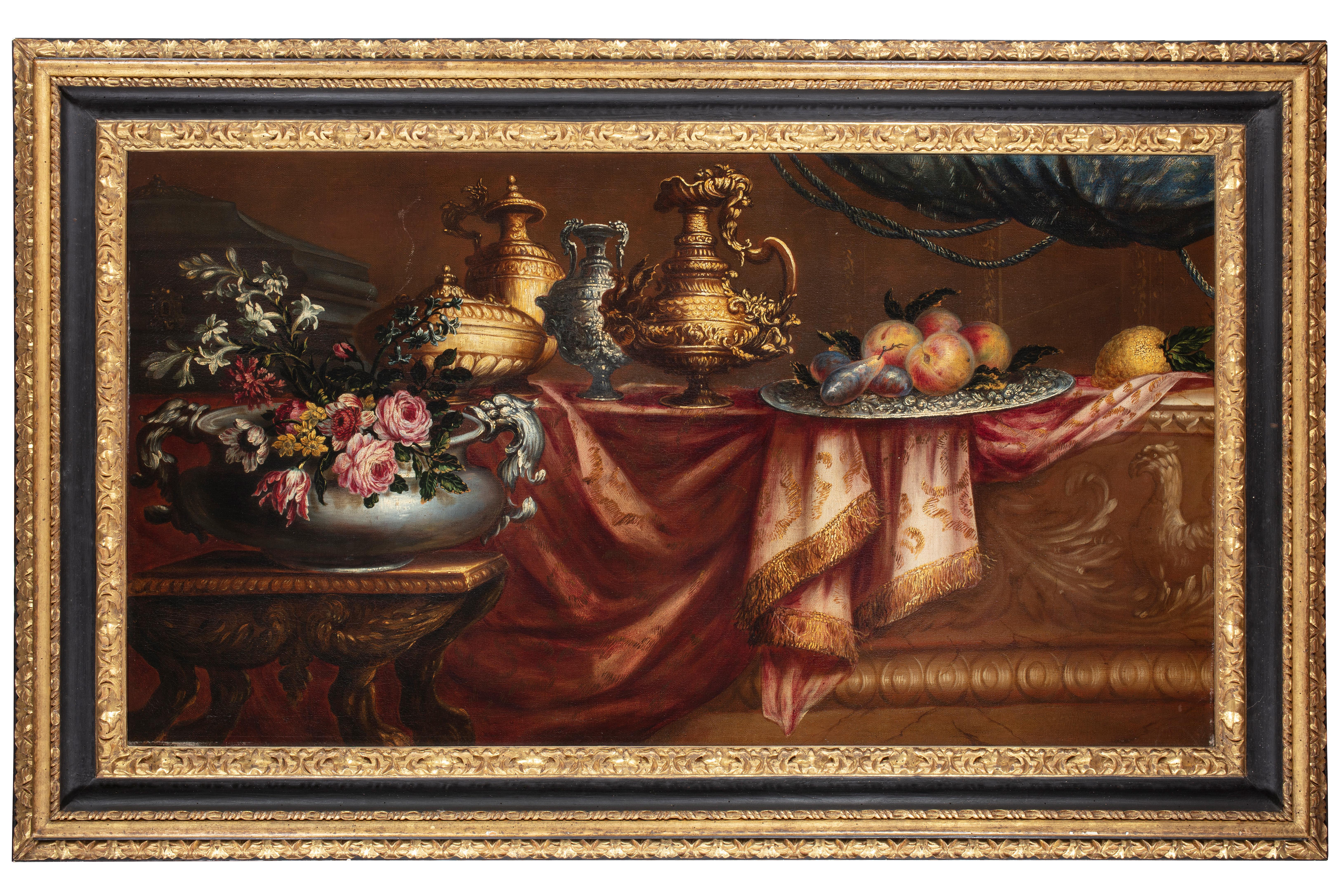 17th-century Roman Maestro
Title: Still life with crockery, fruit and flowers on a cloth spread over a table
Medium: Oil on canvas
Dimensions: without frame 64 × 118 cm - with frame 88 x 140 x 6 cm
Black lacquered moulded wooden frame with gold