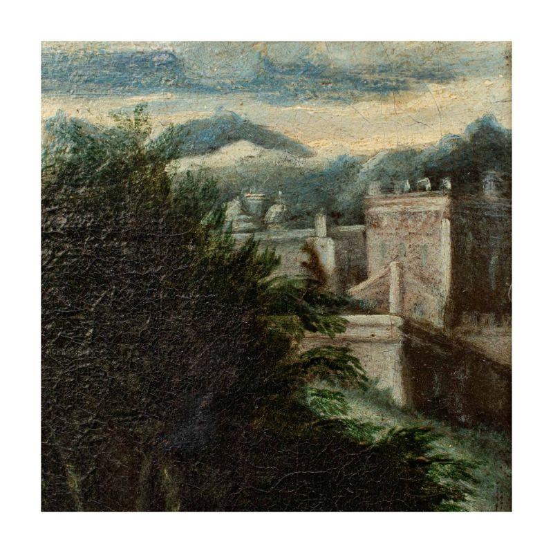 17th Century Rural Landscape with Gallant Scenes Painting Oil on Canvas For Sale 4