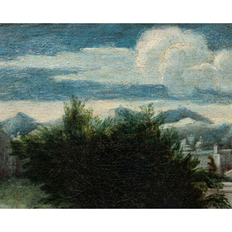17th Century Rural Landscape with Gallant Scenes Painting Oil on Canvas For Sale 6