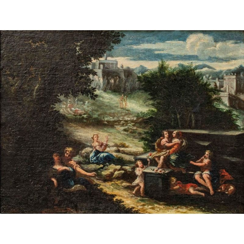 17th century, Emilian school 

Rural landscape with gallant scenes

Oil on canvas, 37 x 47.5 cm

With frame 61 x 50.5 cm

The bucolic amenity of the present is reflected in the joyful gallant scenes that dot its surface. The locus amoenus