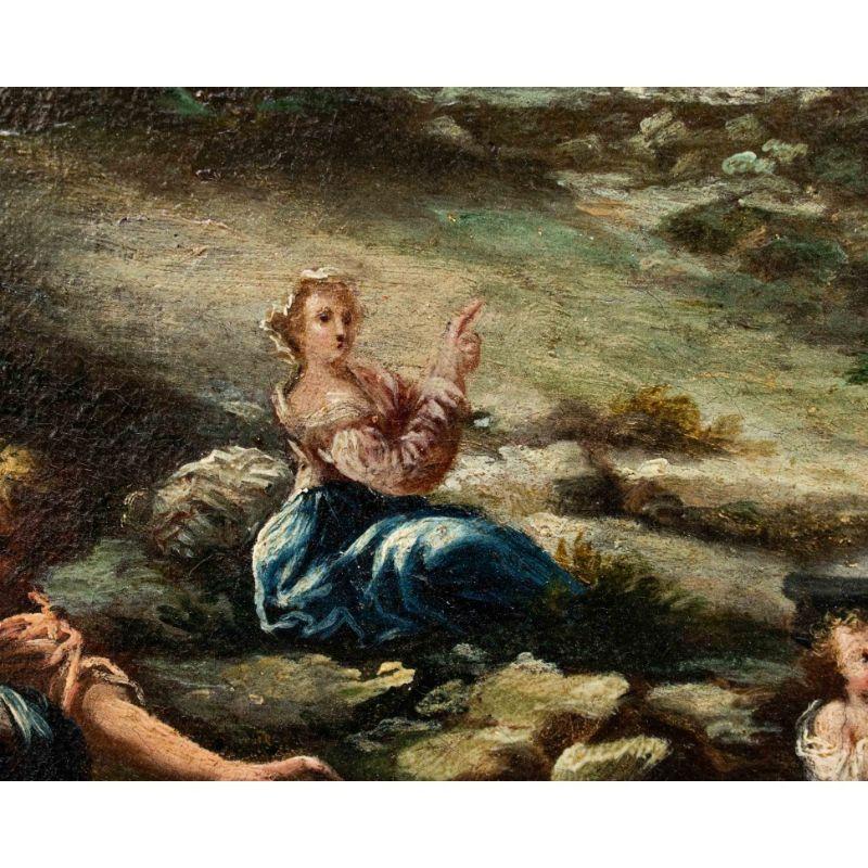 italien Paysage rural du 17ème siècle avec scènes gallantes Peinture à l'huile sur toile en vente