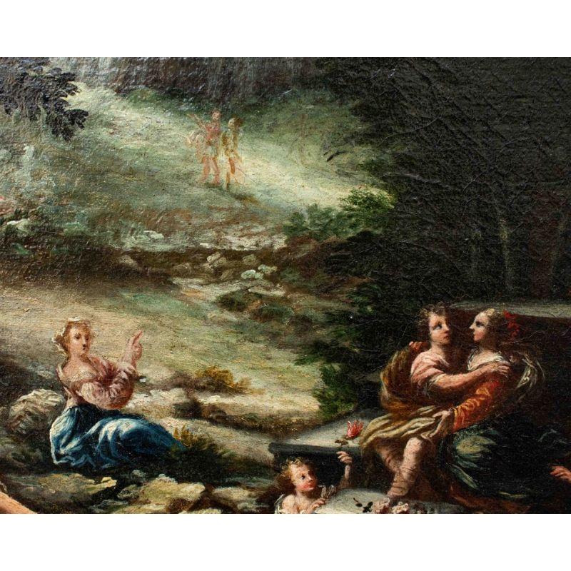 Oiled 17th Century Rural Landscape with Gallant Scenes Painting Oil on Canvas For Sale