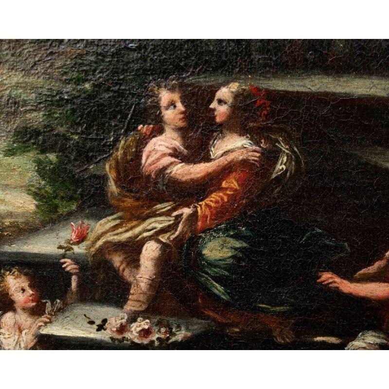 XVIIIe siècle et antérieur Paysage rural du 17ème siècle avec scènes gallantes Peinture à l'huile sur toile en vente