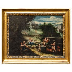17th Century Rural Landscape with Gallant Scenes Painting Oil on Canvas