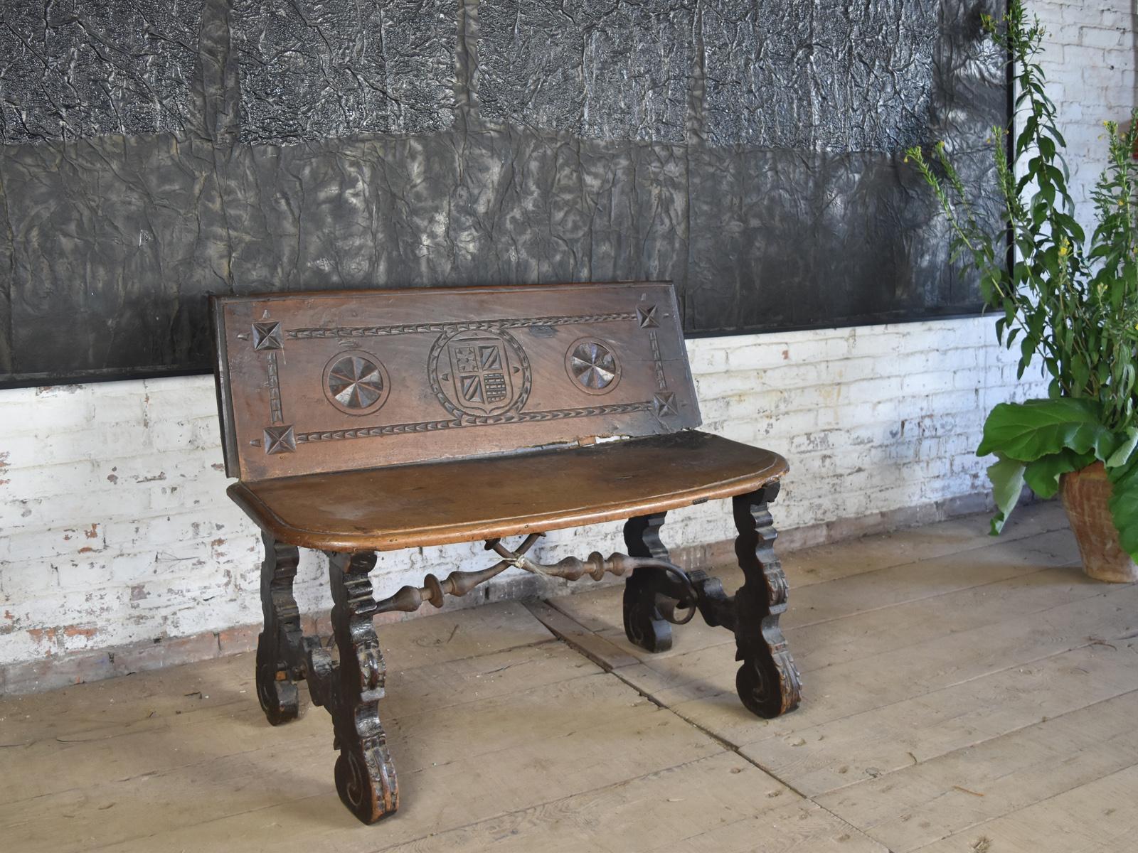 Carved 17th Century Rustic Spanish Baroque Walnut Bench / Settee For Sale