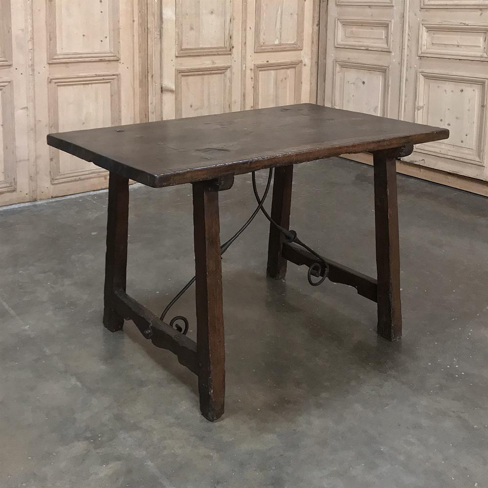 17th century rustic Spanish sofa, dining Table with Iron hand-forged Starcher was literally designed to last for centuries, as it already has! Hand-hewn from old-growth oak harvested from the foothills of the Pyrenees, it features a solid plank