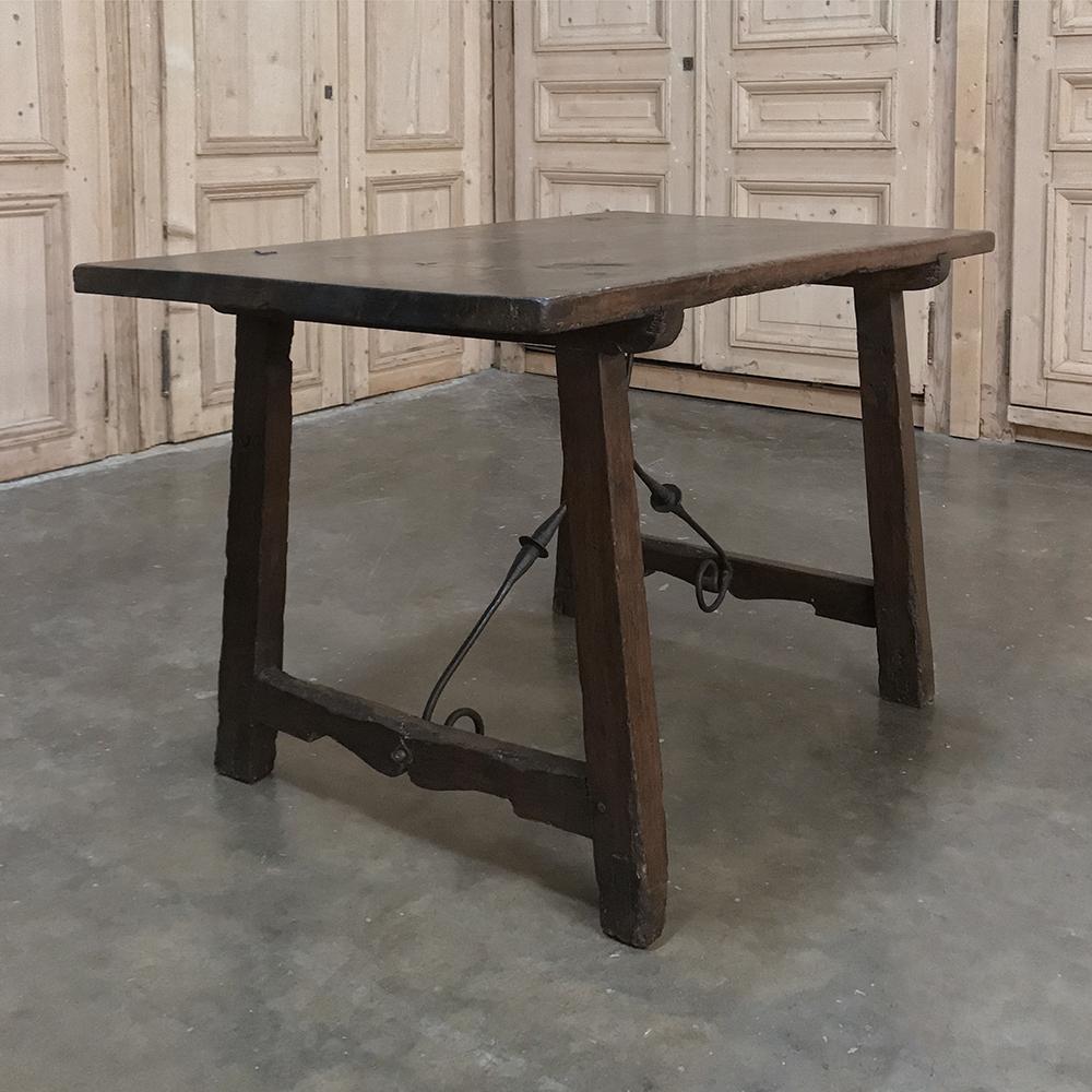 Hand-Carved 17th Century Rustic Spanish Sofa, Dining Table with Iron Hand Forged Starcher