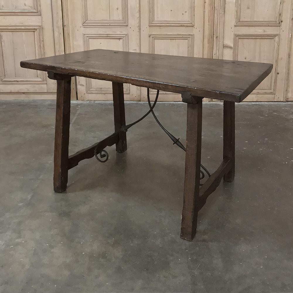 17th Century Rustic Spanish Sofa, Dining Table with Iron Hand Forged Starcher In Fair Condition In Dallas, TX