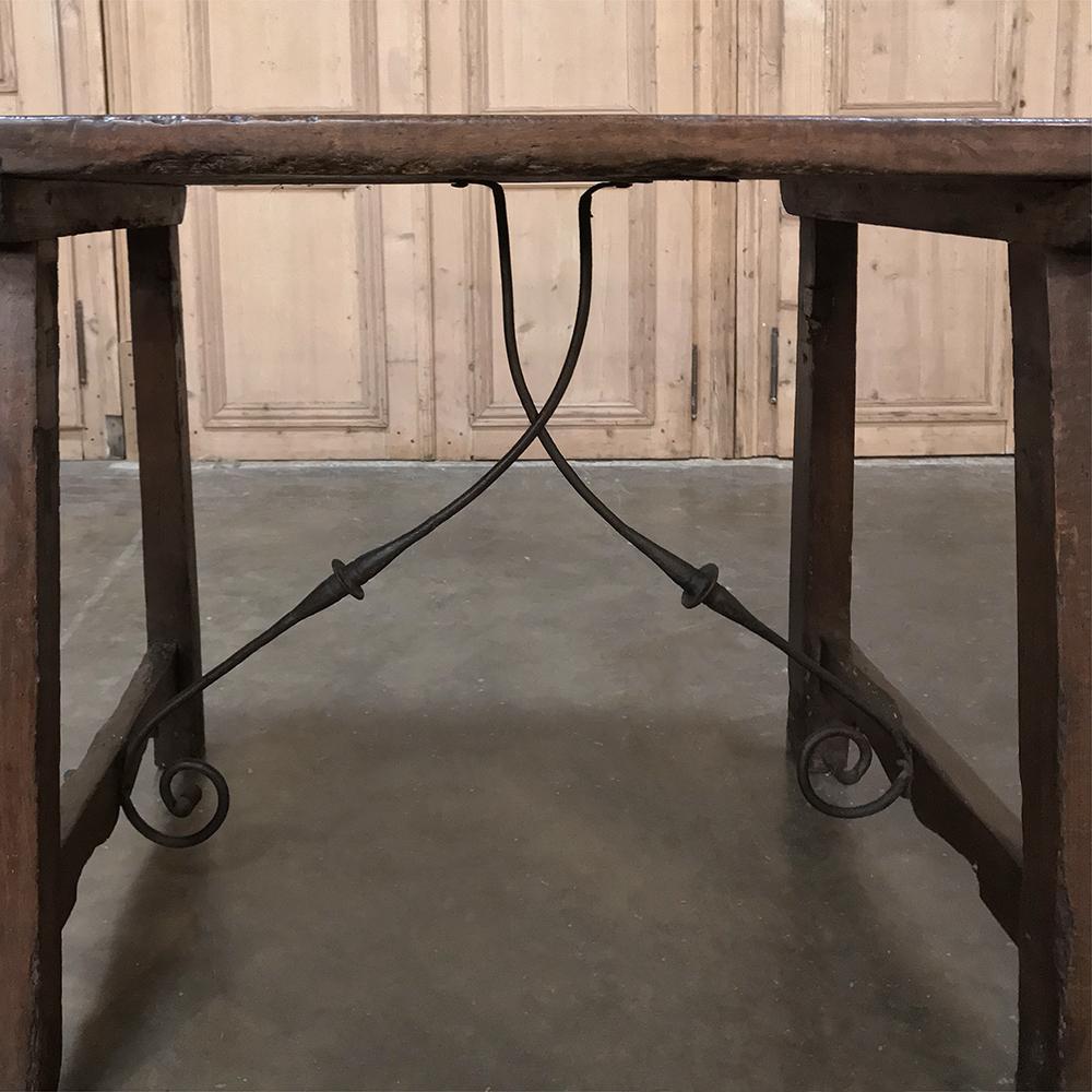 17th Century Rustic Spanish Sofa, Dining Table with Iron Hand Forged Starcher 4