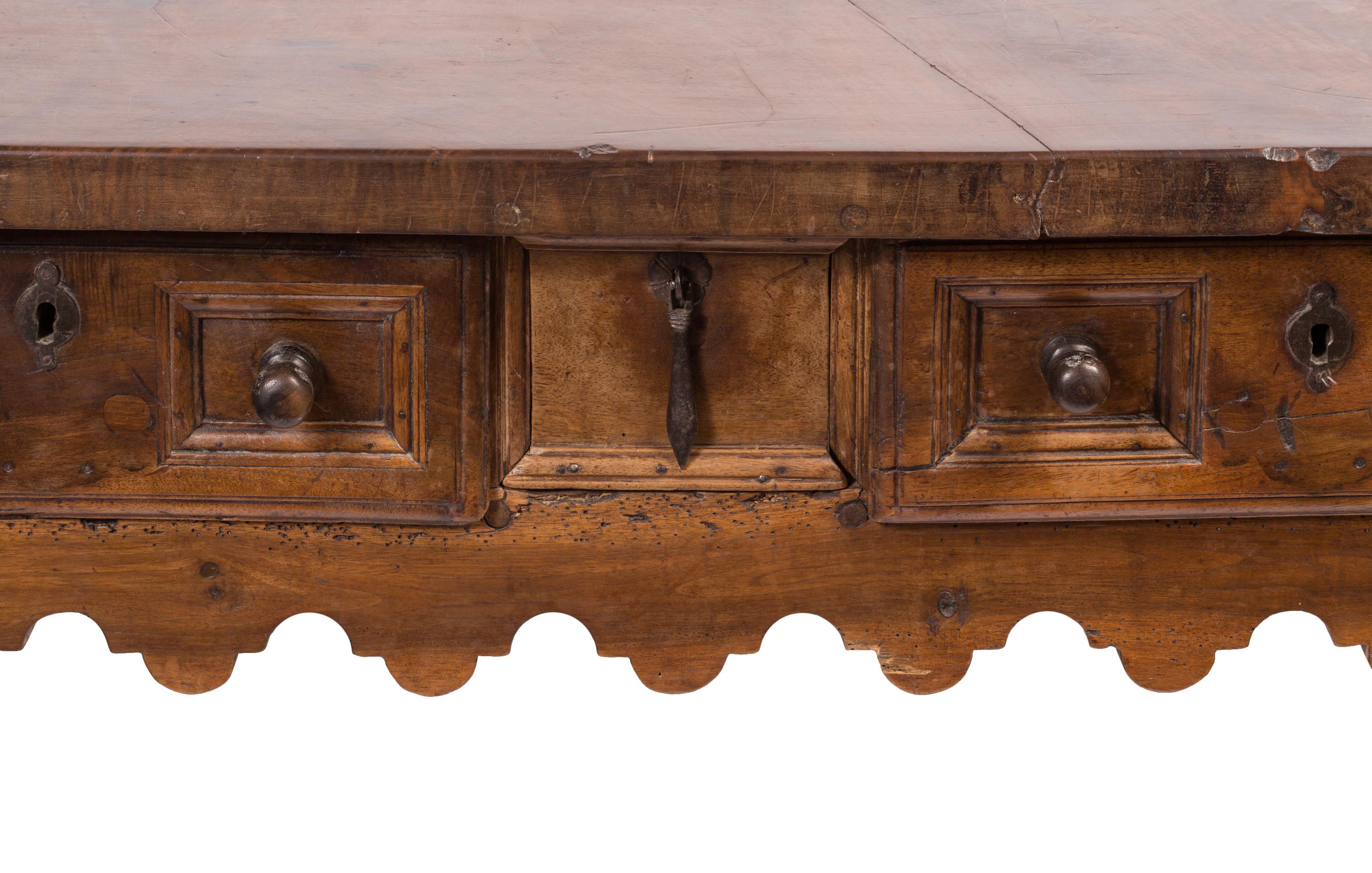 17th Century Rustic Wood Spanish Writing Table with Three Drawers 6