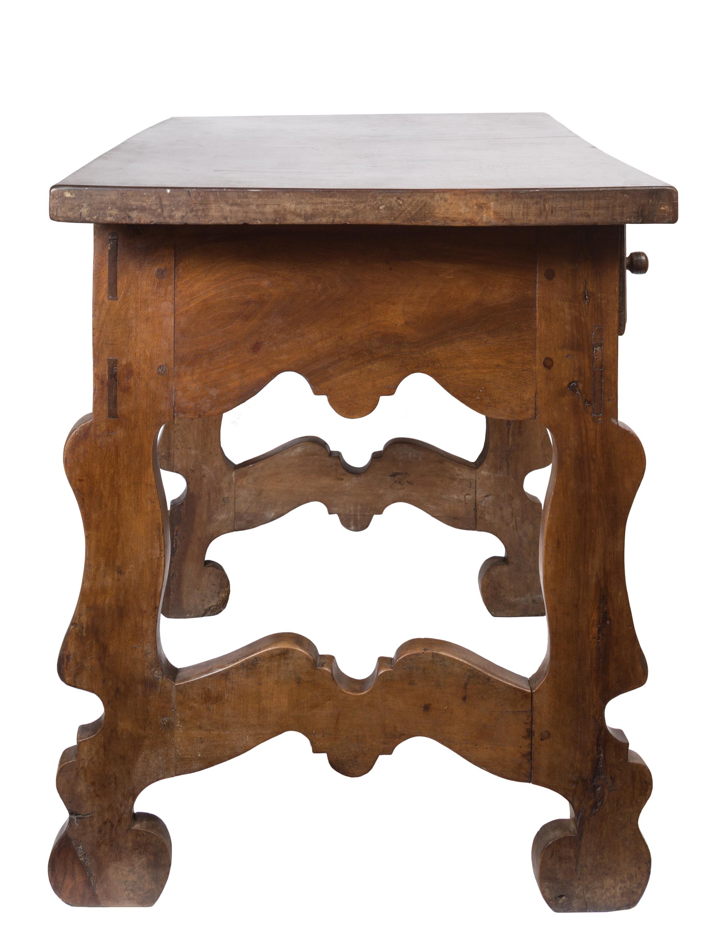 Carved 17th Century Rustic Wood Spanish Writing Table with Three Drawers