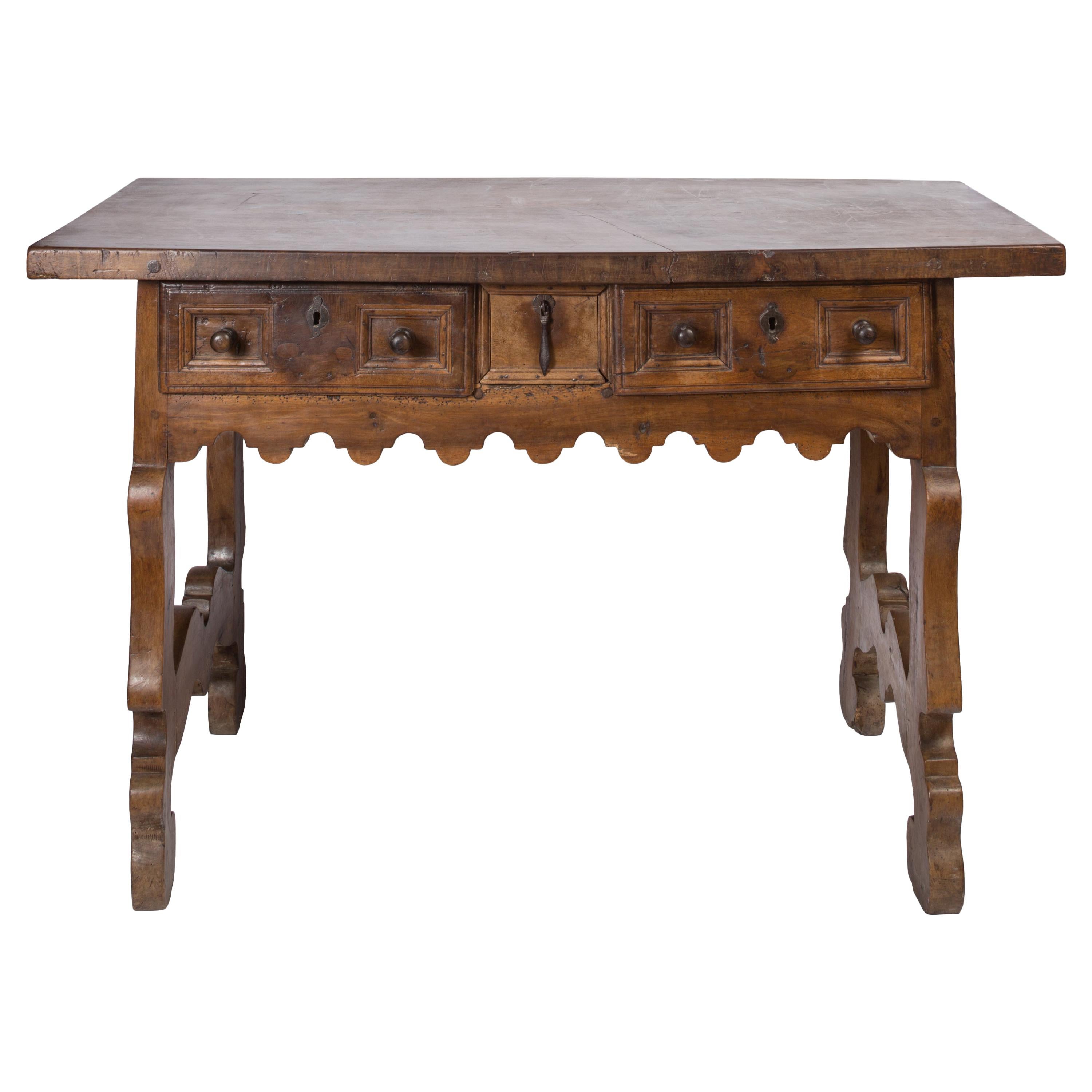 17th Century Rustic Wood Spanish Writing Table with Three Drawers