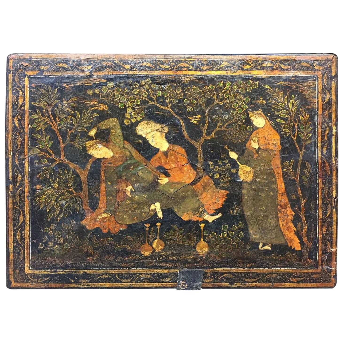 17th Century, Safavid Painting on a Wooden Panel For Sale