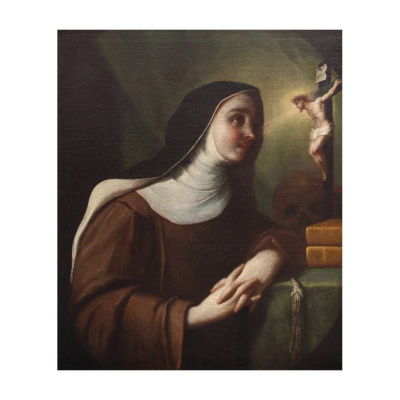 Circle of Francesco Trevisani (1656-1746), 17th century.

Saint Teresa of Avila.

Oil on canvas, 74 x 61.5 cm.

Represented in the habit of the Carmelite nuns, Saint Teresa of Avila is portrayed here during a vision while, in prayer in front