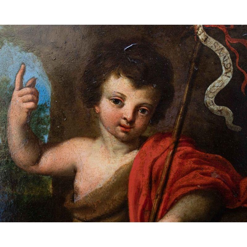 Italian 17th Century San Giovannino in the Desert Emilian School Painting Oil on Copper