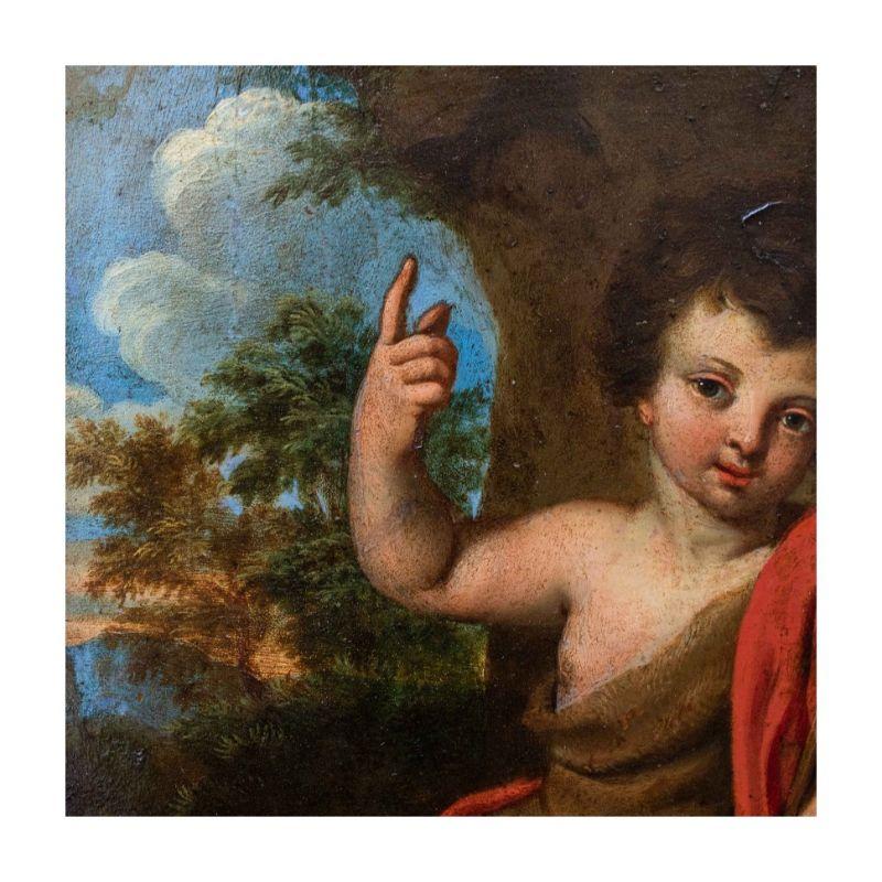 Hand-Painted 17th Century San Giovannino in the Desert Emilian School Painting Oil on Copper