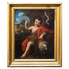 Antique 17th Century San Giovannino in the Desert Emilian School Painting Oil on Copper