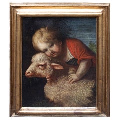 17th Century San Giovannino with Lamb Painting Oil on Canvas by Amorosi