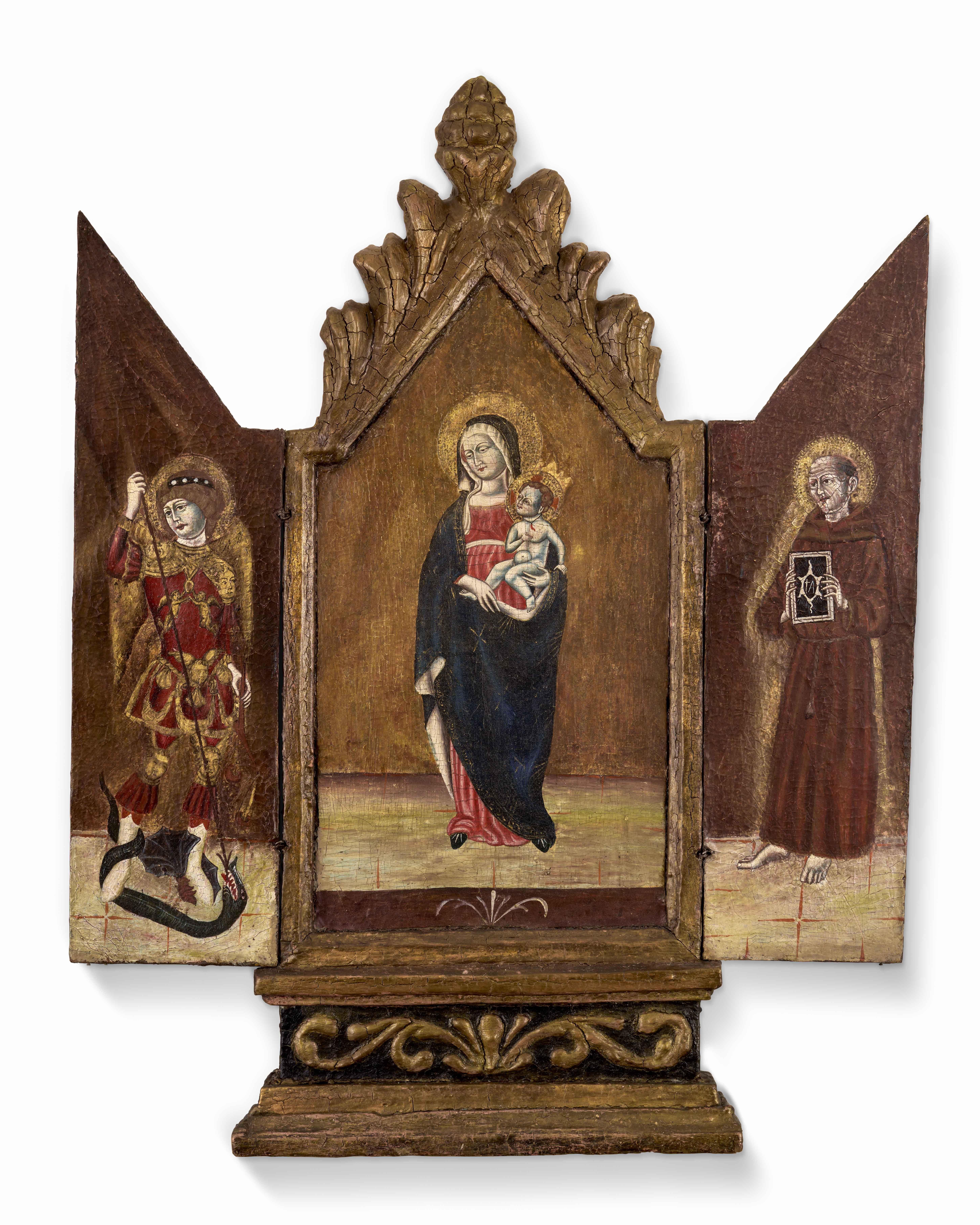 Triptychon von Madonna und Kind, St. Michael, St. Anthony, 17. Jahrhundert, Gemälde – Art von 17th Century School
