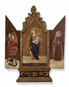 Antique Triptych of Madonna and Child, St Michael, St Anthony, 17th Century, Painting
