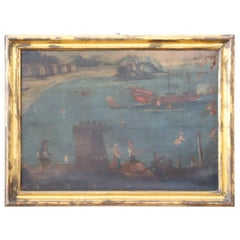 17th Century Sea Landscape with Boats in Golden Frame
