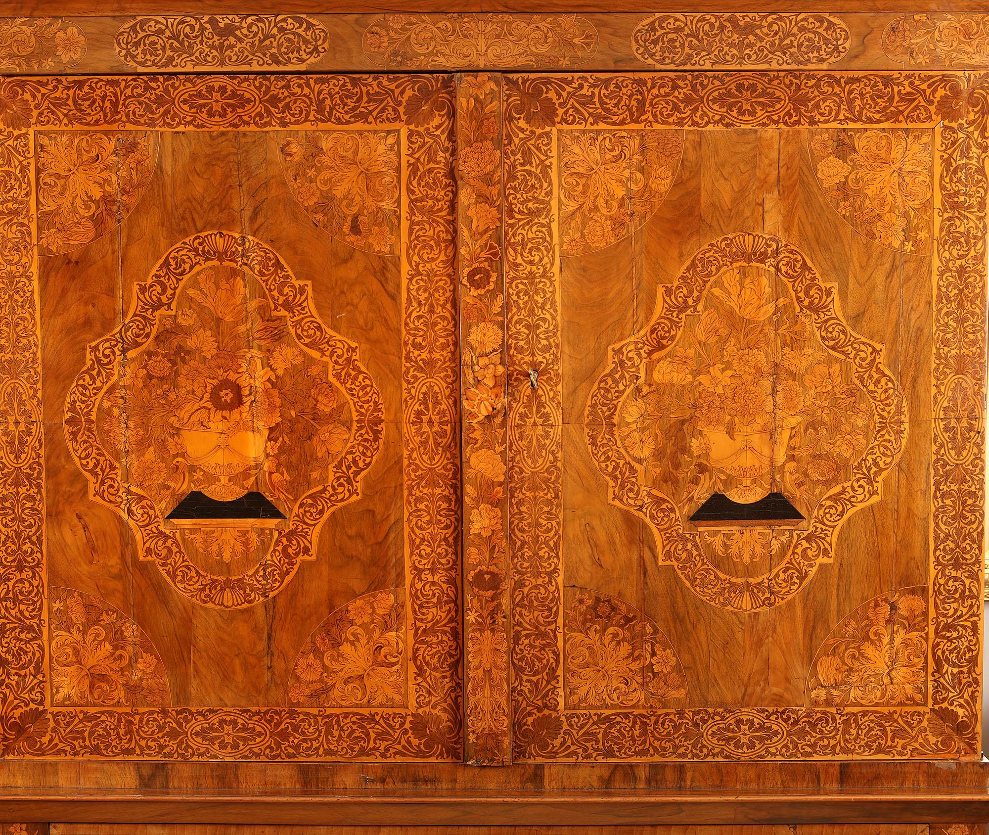 William and Mary 17th Century Seaweed Marquetry Cabinet on Stand