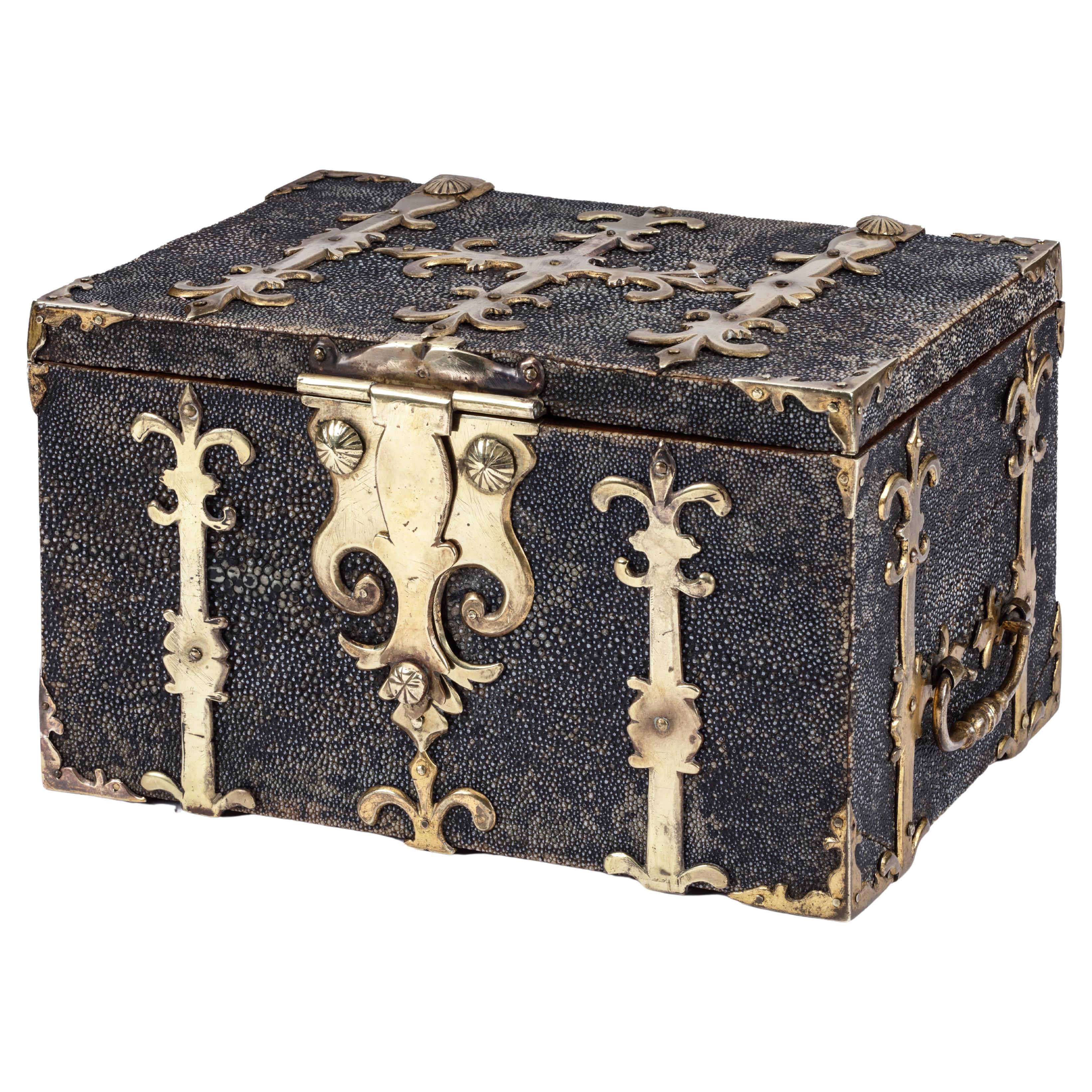 17th Century Shagreen Captain's Chest, Coffre Fort or Strongbox with Gilt Mounts
