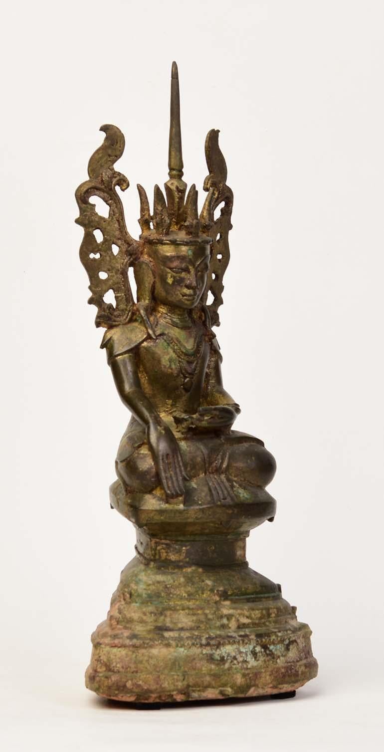 17th Century, Shan, Antique Burmese Bronze Seated Crowned Buddha 6