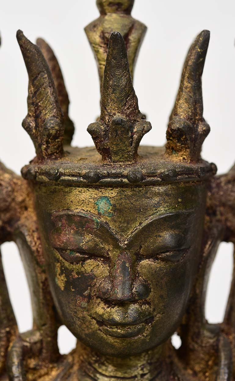 Burmese bronze seated crowned Buddha, or sometimes known as 'King Buddha', wearing diadem-crowns and ornaments of kings instead of ordinary monk's robes.

Age: Burma, Shan Period, 17th century
Size: height 39.2 cm / width 16.7 cm.
Condition: