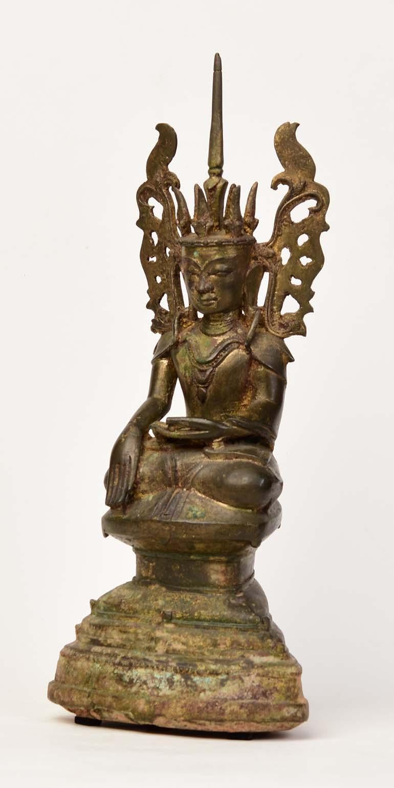 17th Century, Shan, Antique Burmese Bronze Seated Crowned Buddha 2